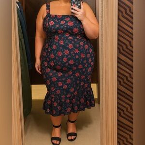 ARULA Navy Floral Midi Dress with Red Roses